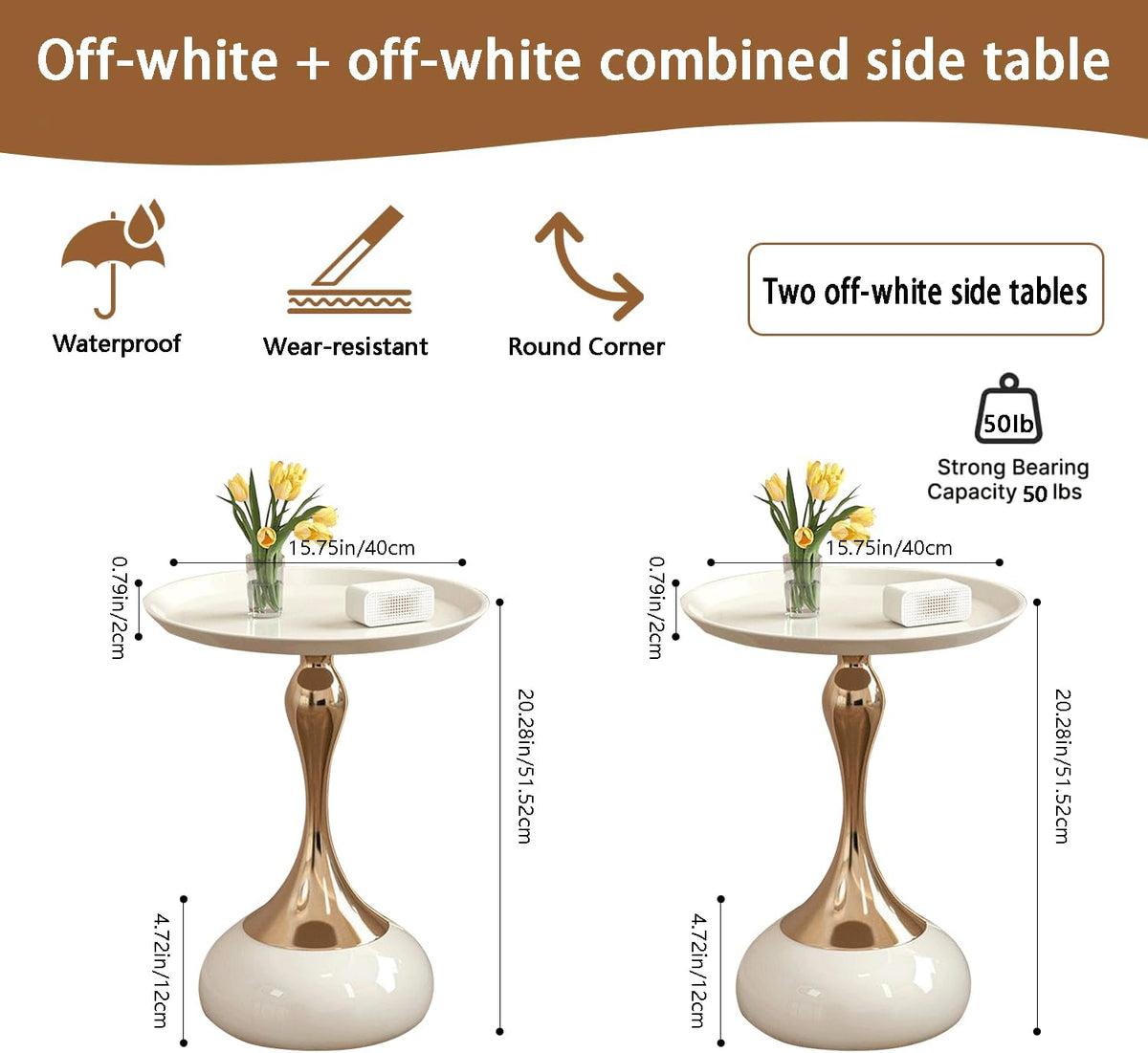 2-Pack Modern Round Side Table - White Tabletop & Gold Pedestal Base, Stylish Accent End Table for Living Room, Bedroom & Office (White Set)