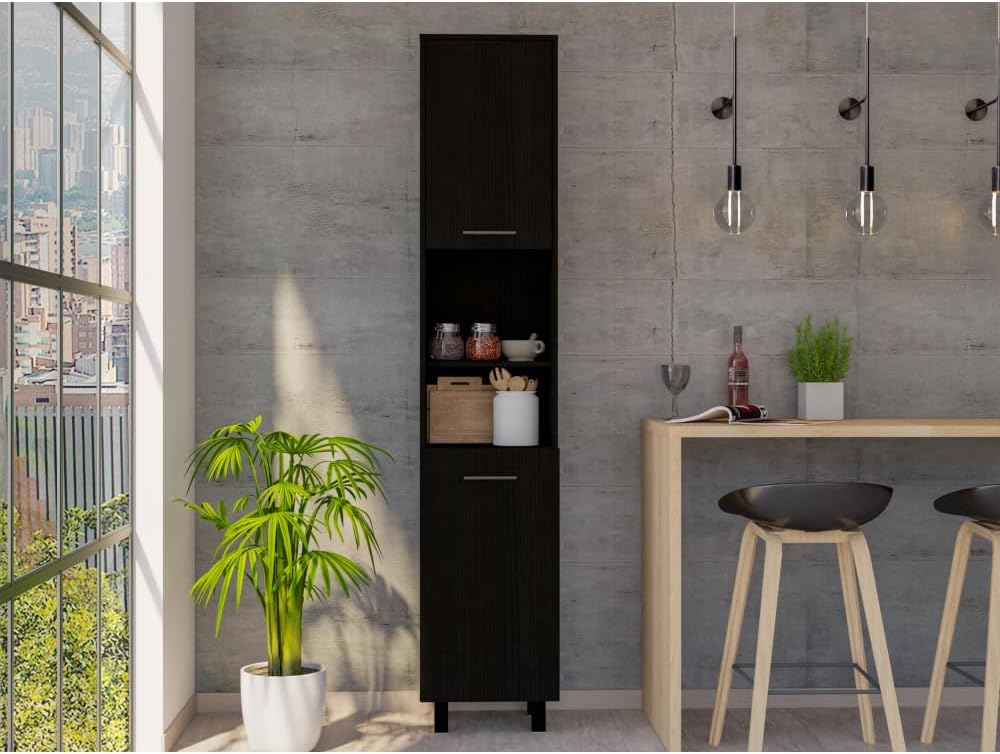 Kitchen Pantry 79" H, Two Open Storage Shelves, Three Internal Shelves, Two Doors, Four Legs, Black