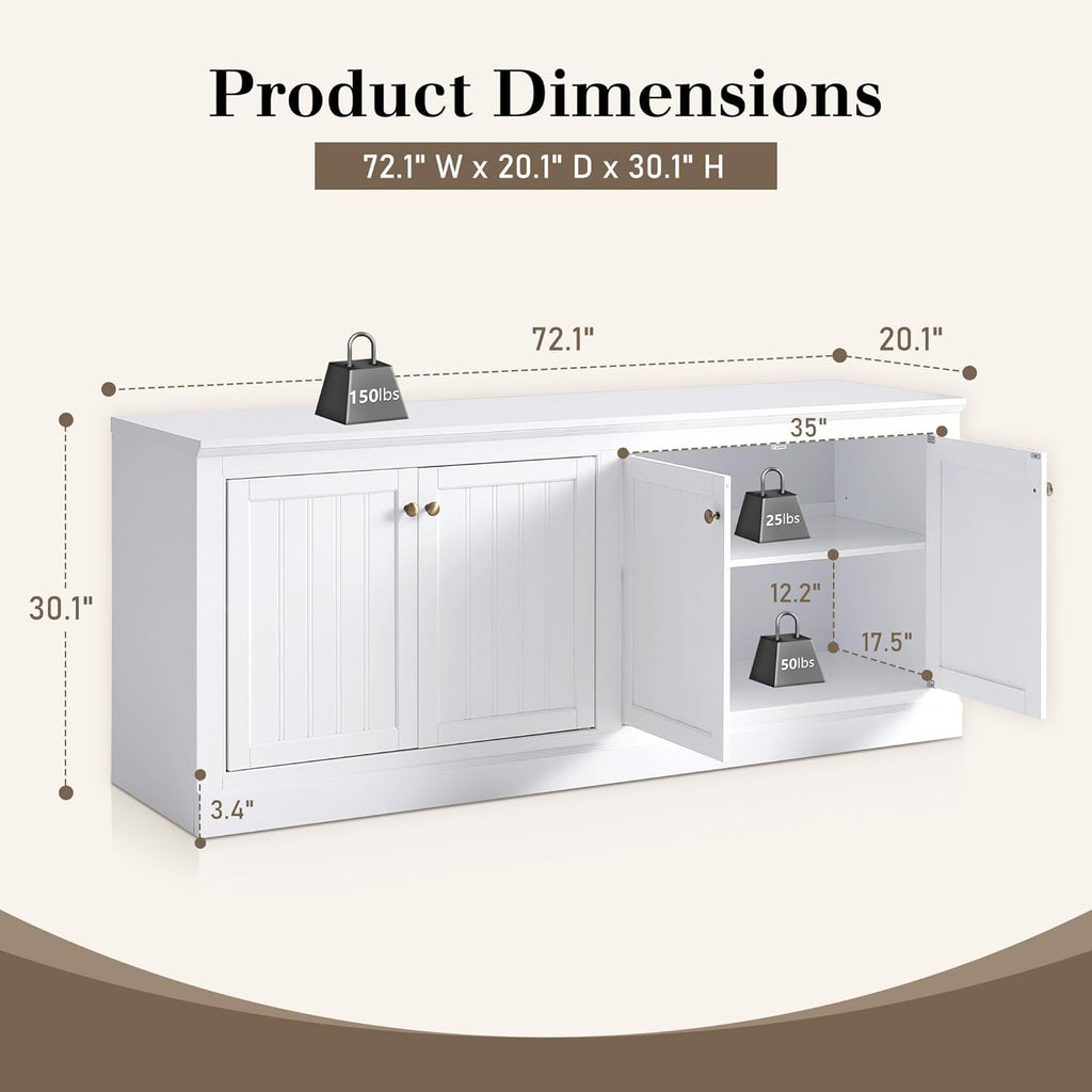AMERLIFE 72" Farmhouse Sideboard Buffet Cabinet with Barn Doors, Storage Console Table with Adjustable Shelves, Coffee Bar/TV Stand for Living Room, Kitchen, Entryway, White