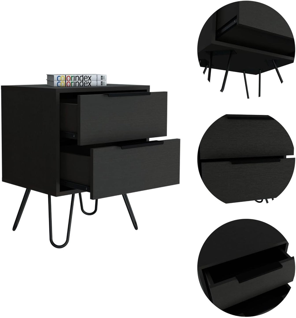 2 Nightstand, End Table, Side Table Four Legs, Two Drawers -Black,for Small Spaces