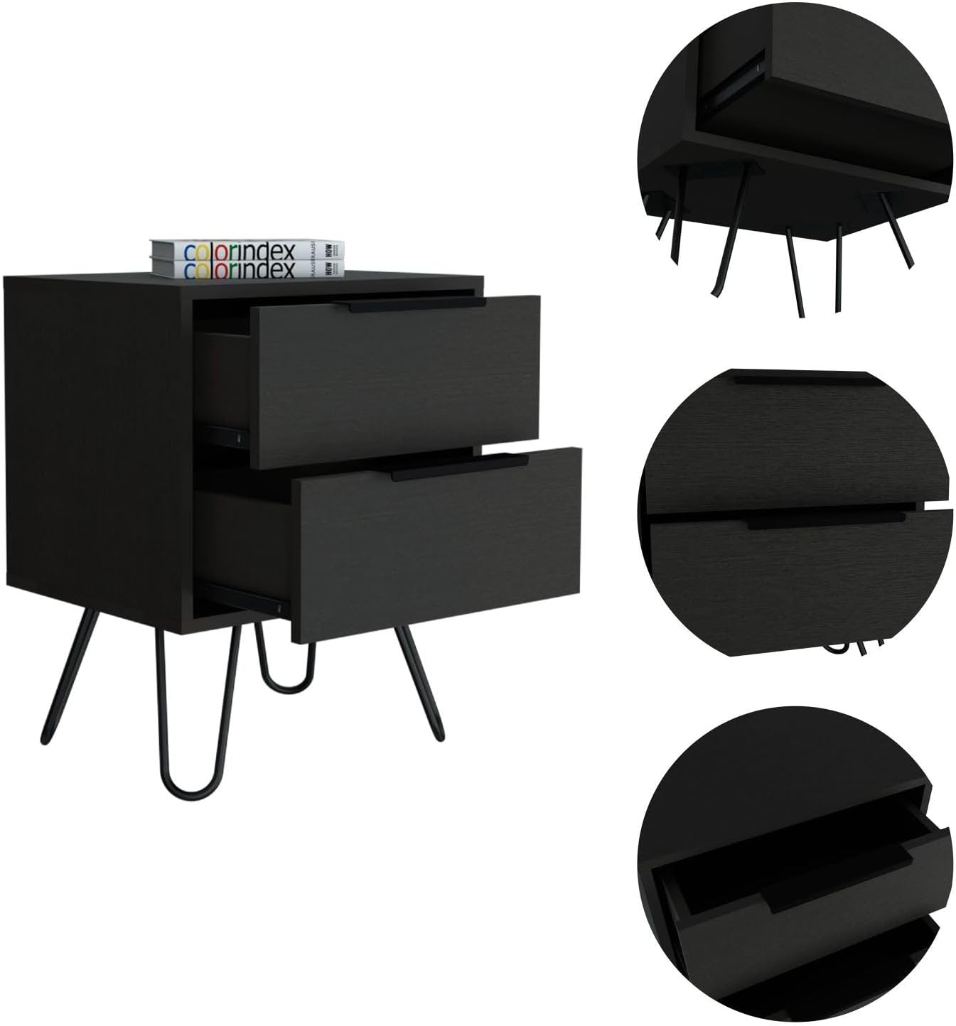 2 Nightstand, End Table, Side Table Four Legs, Two Drawers -Black,for Small Spaces