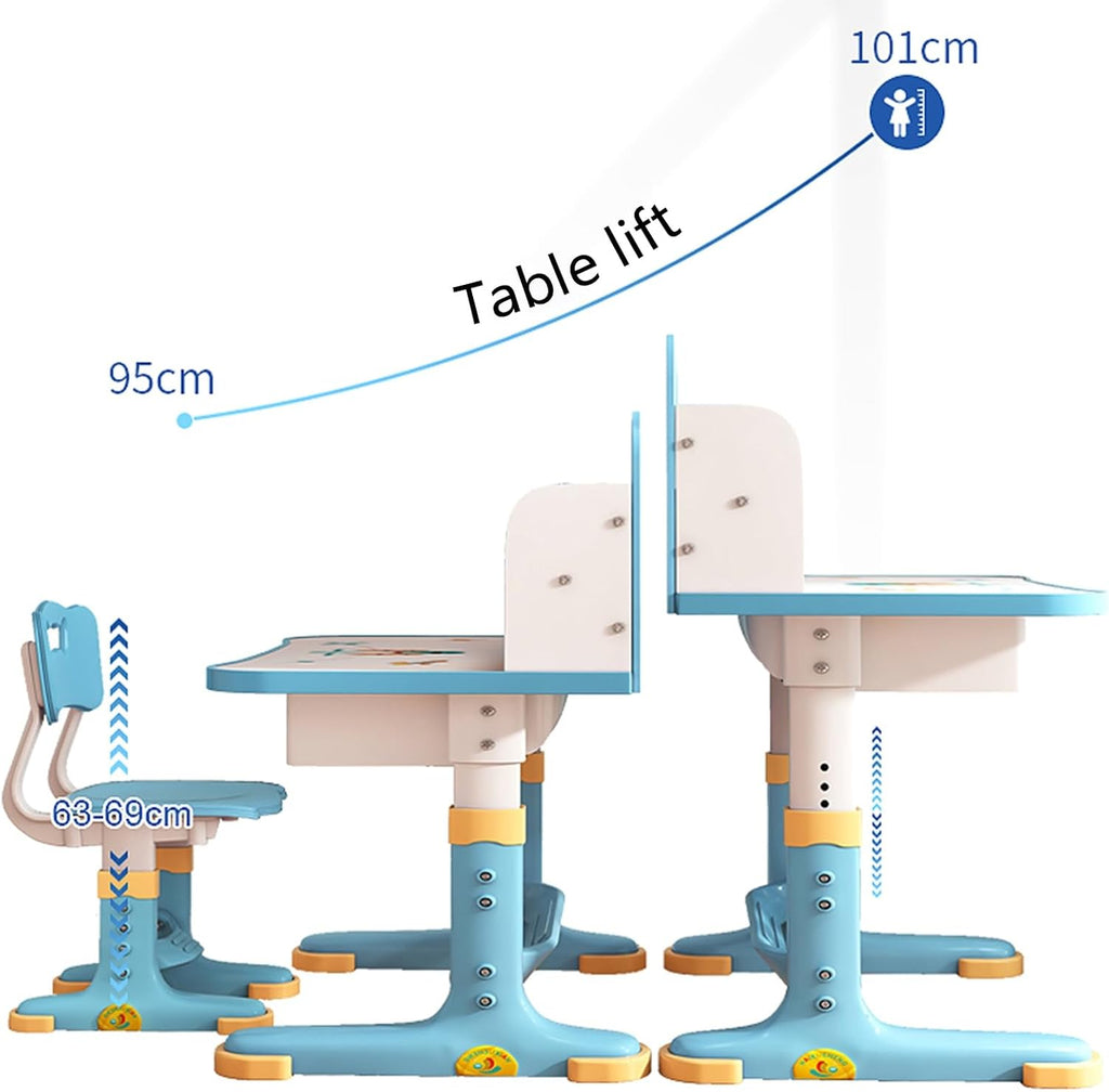 Kids Desk and Chair Set,Height Adjustable Study Table with Storage Drawer Ergonomic Seat Cartoon Pattern Widened Desktop for Children Aged 3-16 Years Old Blue