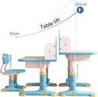 Kids Desk and Chair Set,Height Adjustable Study Table with Storage Drawer Ergonomic Seat Cartoon Pattern Widened Desktop for Children Aged 3-16 Years Old Blue