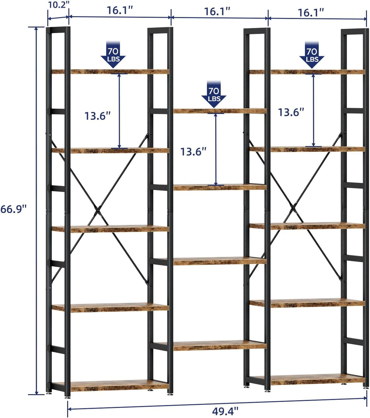NUMENN Triple Column 5 Tier Bookshelf with 14 Adjustable Shelves, Vintage | Metal Frame & Wood Shelves, Open Freestanding Storage Unit with Supporting Bars for Bedroom, Living Room and Home Office