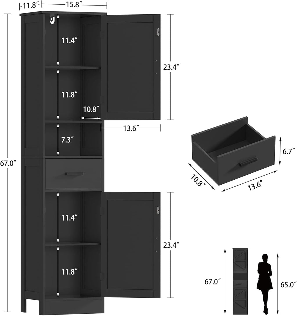 TEENFON Tall Bathroom Storage Cabinet with Barn Doors, Narrow Bathroom Cabinet with Drawer, Narrow Storage Unit, Adjustable Shelves, Floor Cabinets for Living Room, Entryway, Kitchen, Black