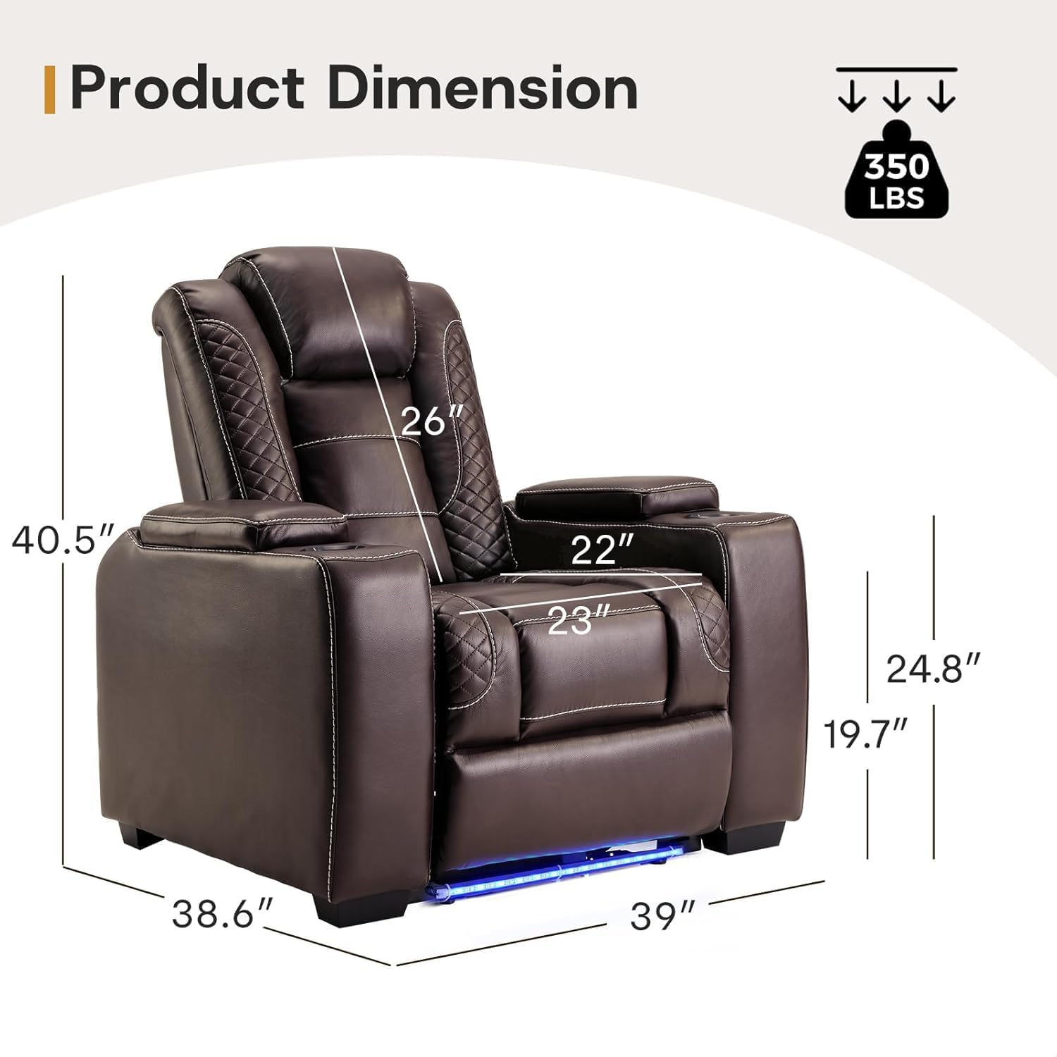 ANJ Power Home Theater Seating, PU Leather Electric Recliner Chair with Adjustable Headrest, Dual Motors Movie Reclining Chairs with LED Lights,USB Port, Cup Holders, Hidden Arm Storage (Brown)