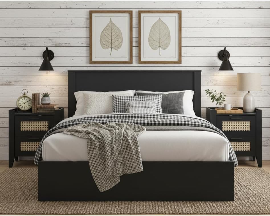 ELISA HOME Rattan-Inspired 2 Drawer Nightstand with Charging Station, Bedside Table with Drawers, Night Stand for Bedroom, End Table or Side Table for Living Room, 15.5" D x 18.9" W x 21.7" H, Black