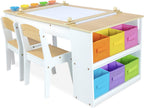 Milliard Kids Art Table Set with Chairs for Playroom, Toddler Craft and Play Wood Activity Table with Storage Bins and Paper Roll (Wood and White)