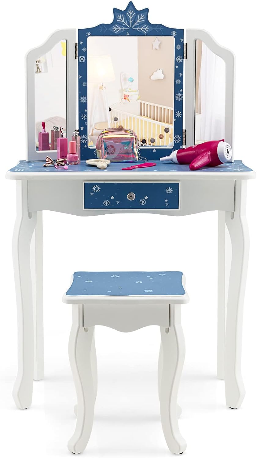 HONEY JOY Kids Vanity, Snowflake Themed Princess Makeup Vanity Set for Little Girls, Real Glass Tri-Folding Mirror, Bedroom Dressing Table & Chair Set, Wooden Girls Vanity Set w/Mirror and Stool(Blue)