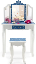 HONEY JOY Kids Vanity, Snowflake Themed Princess Makeup Vanity Set for Little Girls, Real Glass Tri-Folding Mirror, Bedroom Dressing Table & Chair Set, Wooden Girls Vanity Set w/Mirror and Stool(Blue)