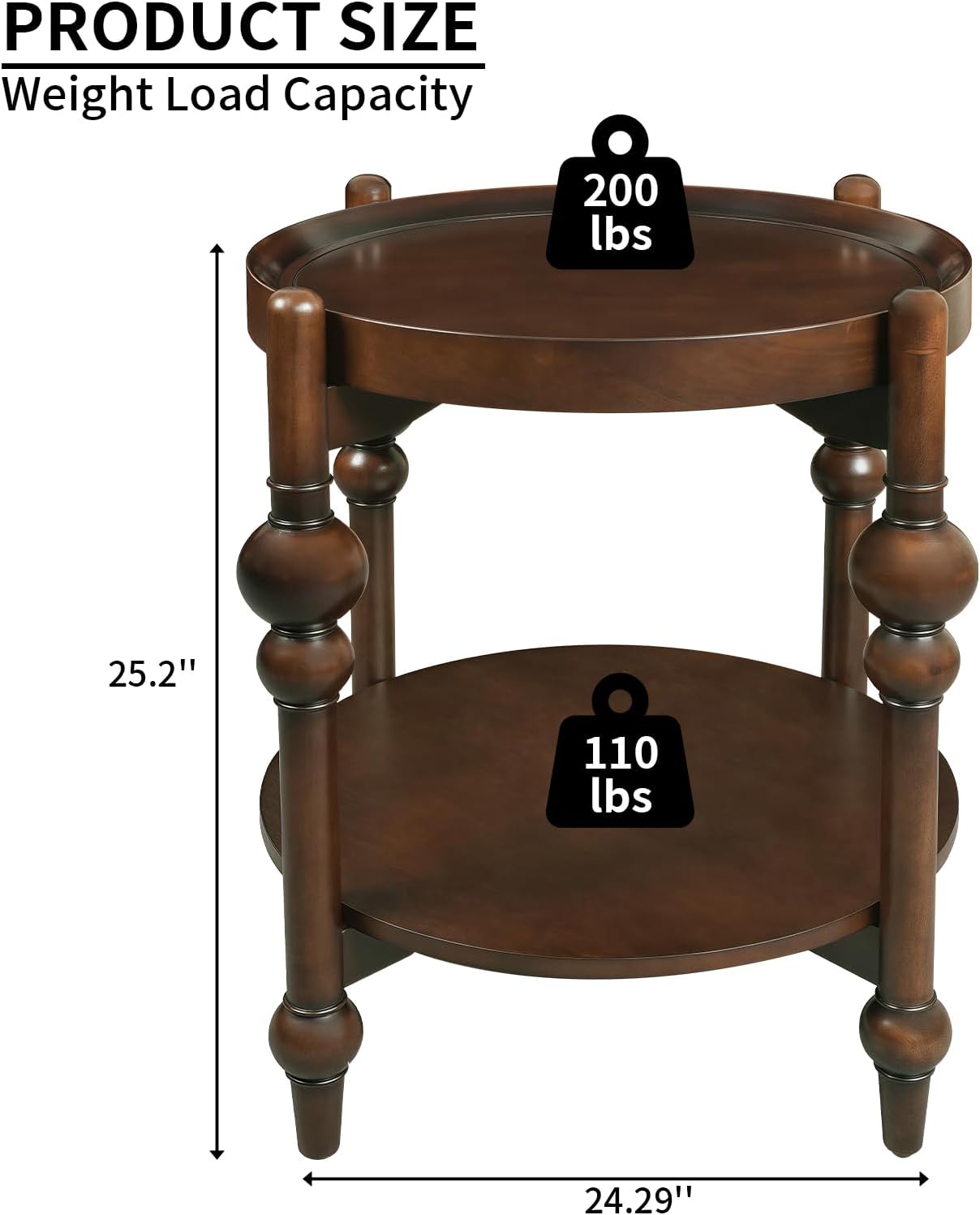 23" Round End Table with Solid Wood Frame, Small Side Table with Wood Shelf for Living Room Small Space Office Apartment, Walnut