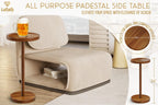 Drink Table for Small Spaces, 24” Tall Pedestal Side Table with Stable Base, Phone Holder & 2 Coasters, Natural Wood Accent End Table for Sofa, Bedside, Balcony or Living Room