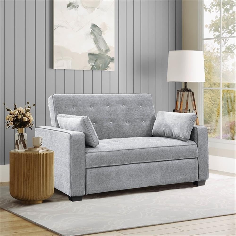 Serta Ainsley 66.5" Convertible Sleeper Loveseat, Full Size, Dreamcoil Comfort, Soft Woven Fabric, Light Grey