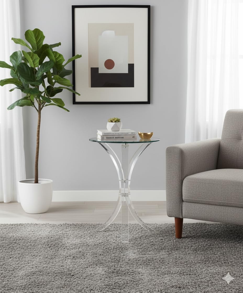 CARTESIAN Modern Round Glass Side Table, Clear Acrylic Base, 18-Inch Tempered Top, Contemporary Accent Table for Living Room, 21.25 Inches High