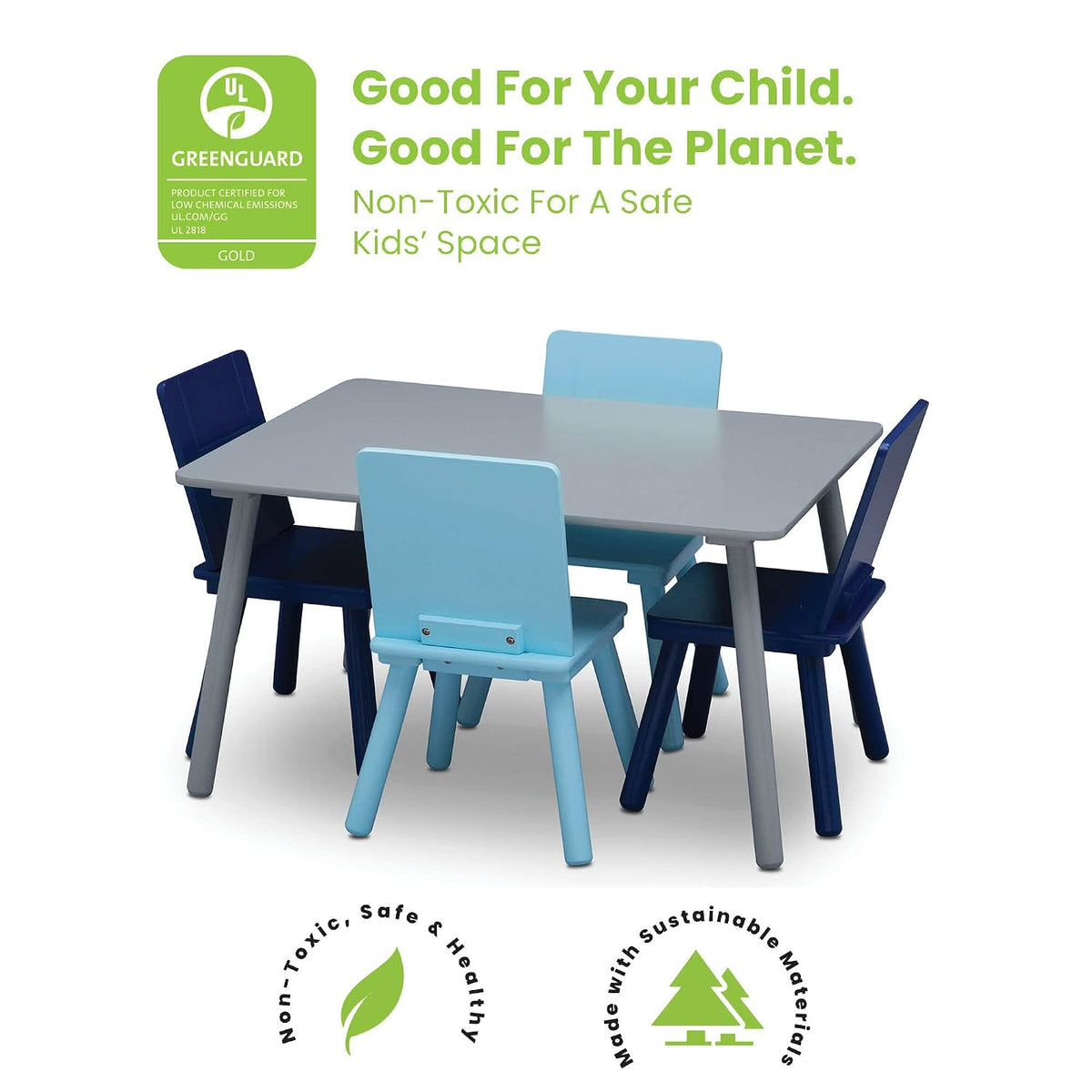 Delta Children Kids Table and Chair Set (4 Chairs Included), Grey/Blue & MySize Deluxe Toy Box, Greenguard Gold Certified, Deep Blue