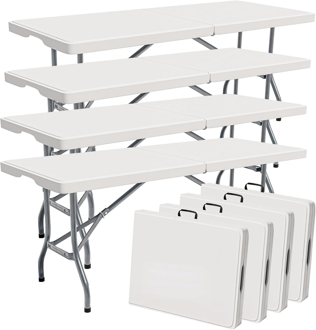 6ft Table Large Folding Table White Folding Table with Portable Carrying Handle 6ft Heavy Plastic Foldable Table for Party, Wedding, Events, Dining, Camping, Picnic Indoor (White, 4 Pcs)