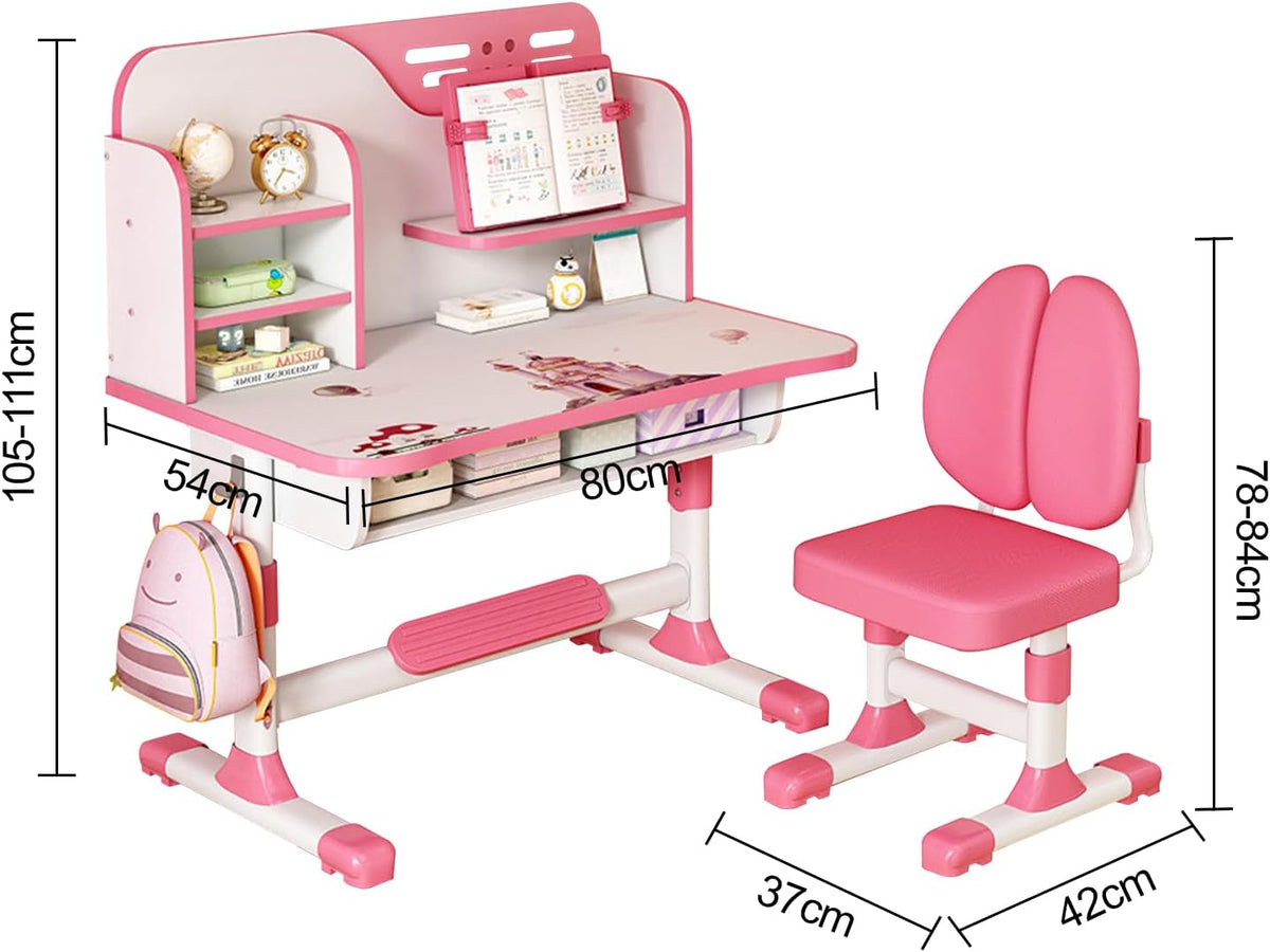 [Fast Arrival] Kids Study Desk and Chair Set - Height Adjustable Kids Writing Desk with Chair, Girls Learning Table with Large Writing Board for Bedroom, Ideal Gifts for Children Boys Girls 6-12