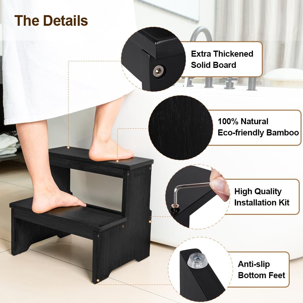 StrongTek Bamboo 2 Step Stool, Non-Slip, 350 lb Capacity, Black | Bed Steps for High Beds for Adults, Non-Slip Feet, Easy Assembly for Kitchen, Bedside, Pantry, Closet and Bathroom Use