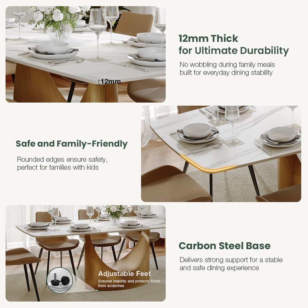 POVISON 63" Modern Dining Table for 4-6, Hobart Rectangle Dining Table, Matte White Sintered Stone Dining Tabletop with Bronze Carbon Steel Pedestal Table (Table Only)