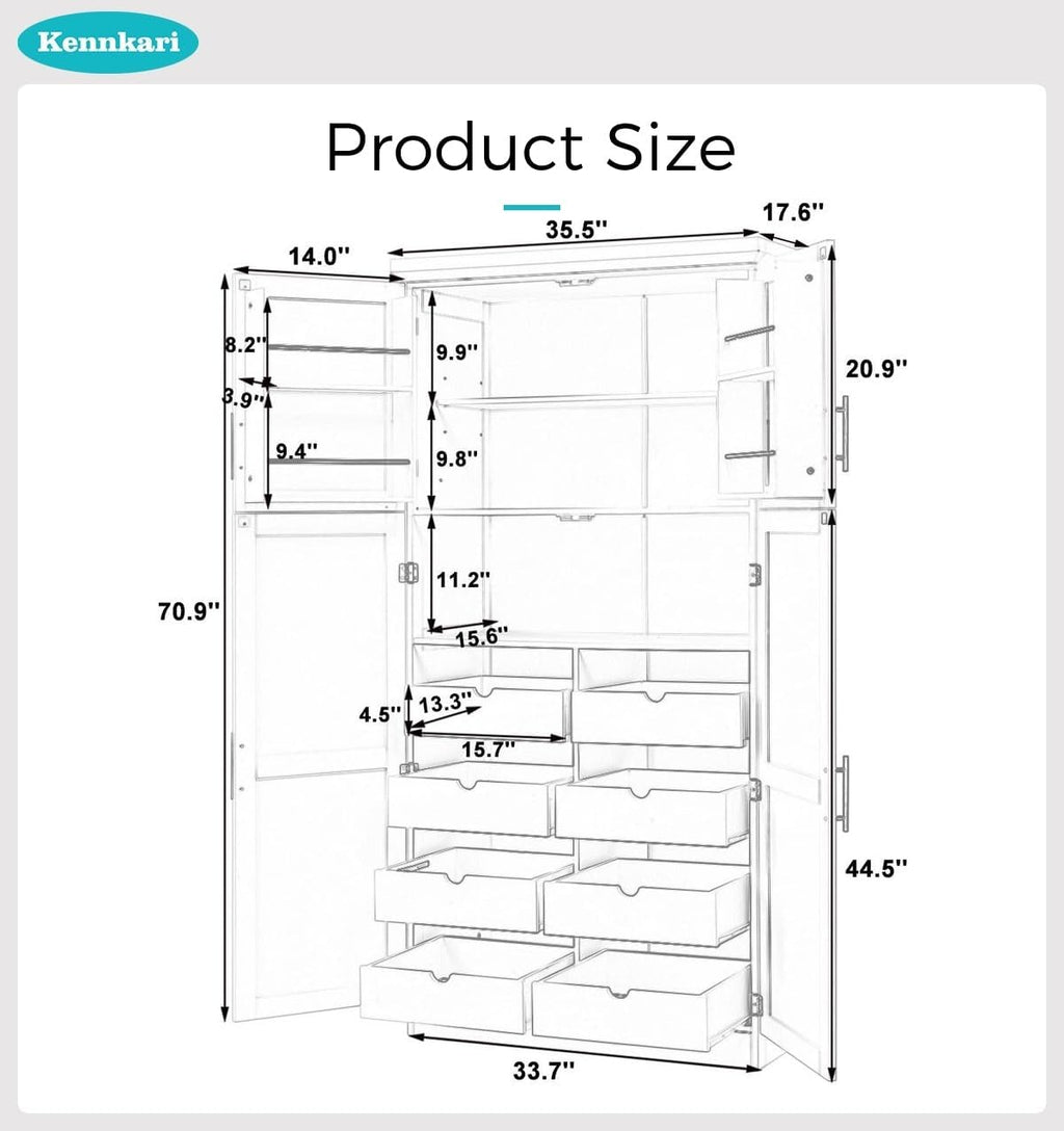 Freestanding Kitchen Pantry Cabinet with 8 Pullout Trays, Tall Storage Organizer with 4 Doors and Adjustable Shelves for Dining Room, Shaker Style (White)