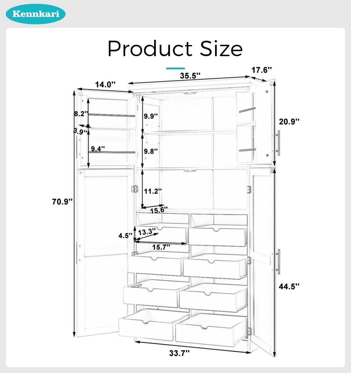 Freestanding Kitchen Pantry Cabinet with 8 Pullout Trays, Tall Storage Organizer with 4 Doors and Adjustable Shelves for Dining Room, Shaker Style (White)