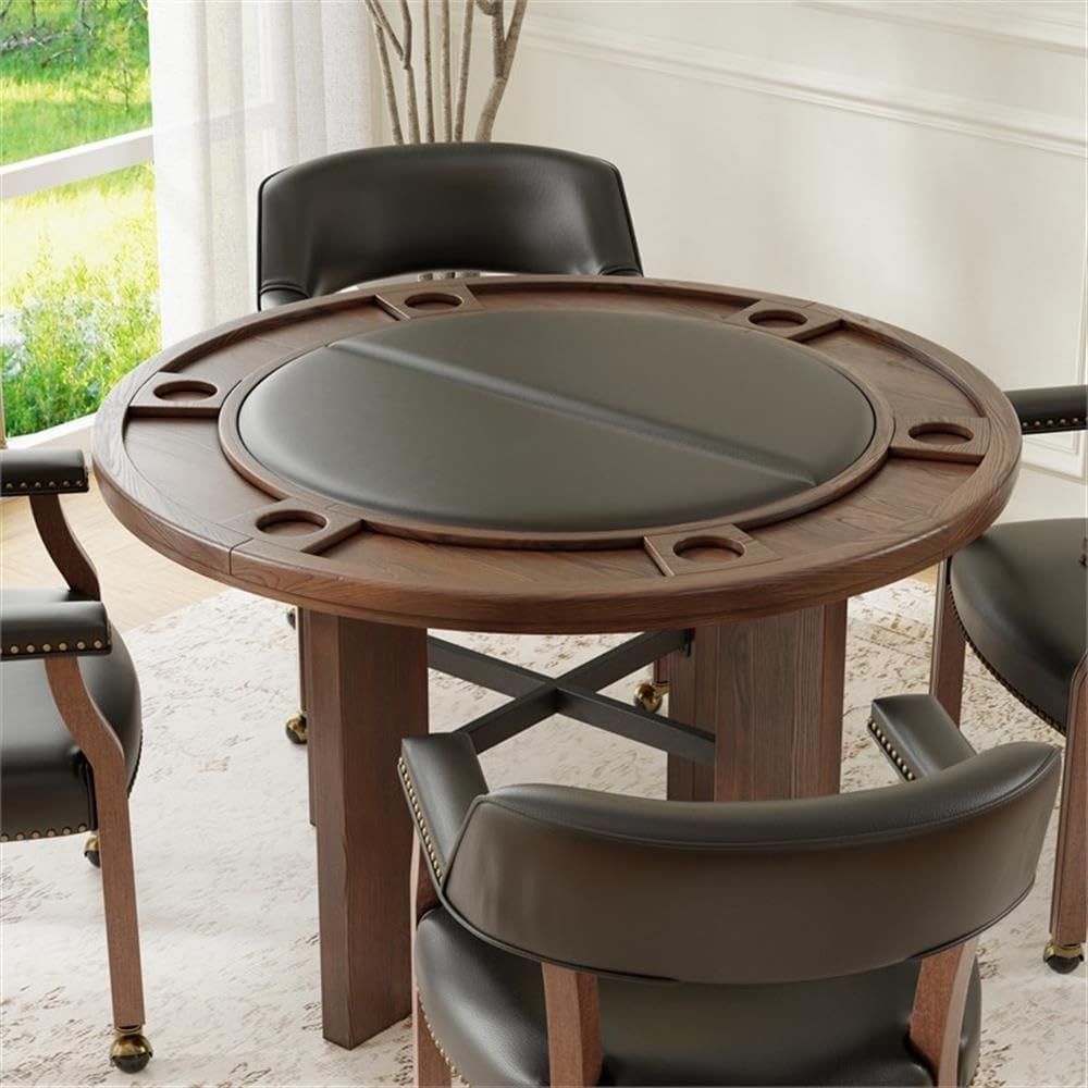 Pemberly Row 2-in-1 Game & Dining Table, 48-Inch Round Table with Flip-Top, Faux Leather Game Surface, Multi-Purpose Home Table, 30" Hx48 Wx48 D