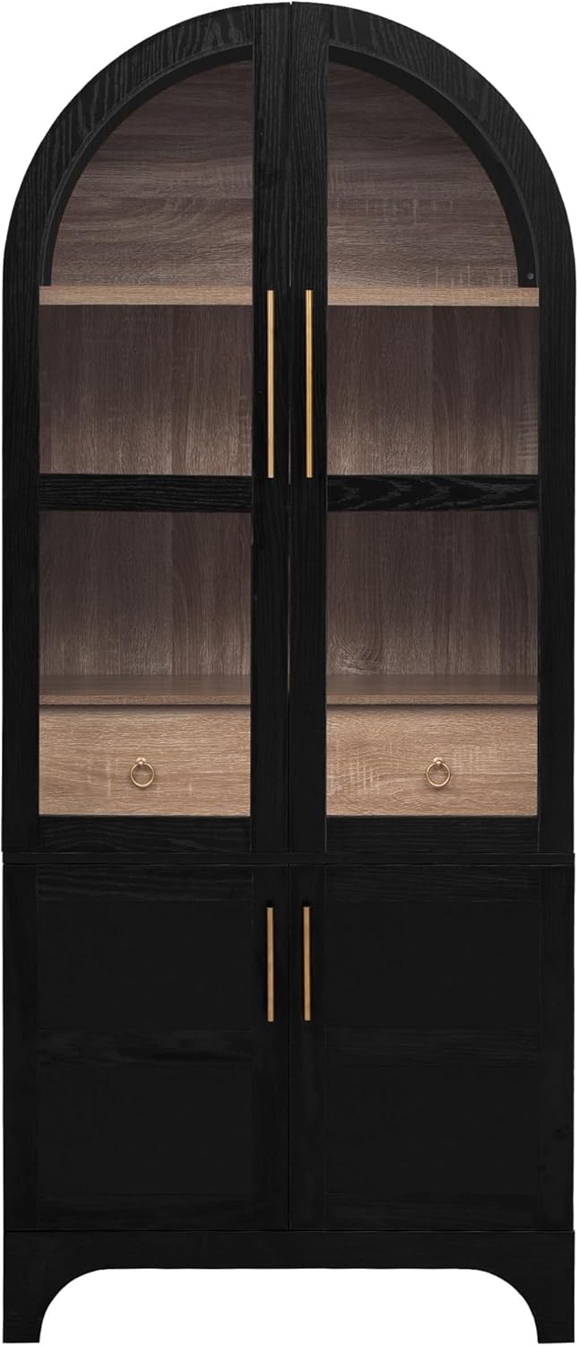 JIJIWANG 71" Tall Arched Kitchen Pantry Cabinet with Doors and Open & Adjustable Shelves, Kitchen Storage Cabine Hidden Drawer & Glass Door, Cupboard for Kitchen, Dining Room, Black