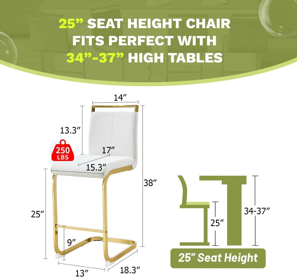 Bar Stools Set of 3,Gold Bar Stools with Back,25" White Island Chairs with Gold Chrome Plated Metal Leg,Faux Leather Counter Height Barstools for Pub Kitchen Counter