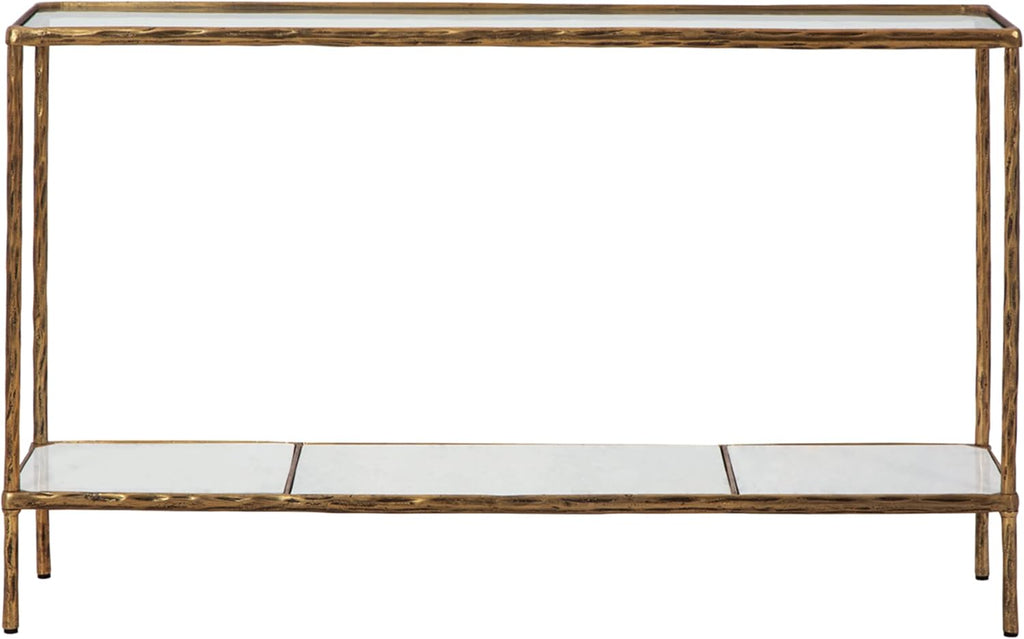 Signature Design by Ashley 52" Glass & Marble Narrow Console Sofa Table | Mid-century modern entryway accent, Glass & genuine marble shelves, Antiqued brass frame, Ryandale Series