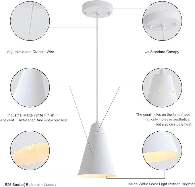 Dijiahua White Pendant Lights Kitchen Island,Dining Room Light Fixtures Over Table 3 Pack with Cone Metal Shade, Modern Farmhouse Mini Chandeliers,Adjustable Cord Hanging Lighting for Bar,Sink