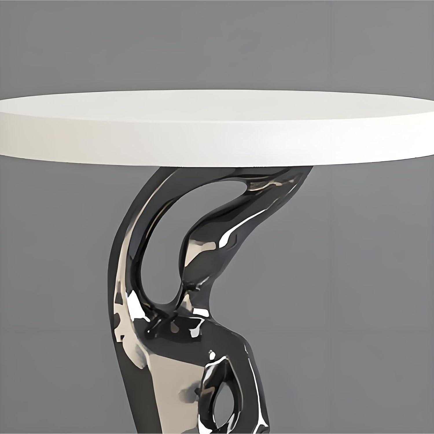 Resin Round End Table with Wood Top, Abstract Sculpture Side Table Modern Art Decor Accent Table for Living Room & Bedroom, Brown
