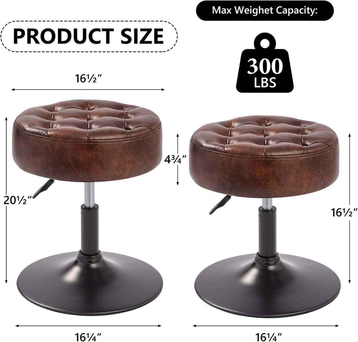 Velvet Tufted Makeup Chair, 360° Swivel Adjustable Vanity Chair Ottoman Stool Vanity Stool for Bedroom Modern Accent Chairs Big Size Stools for Living Room Bathroom, PU, Darkbrown