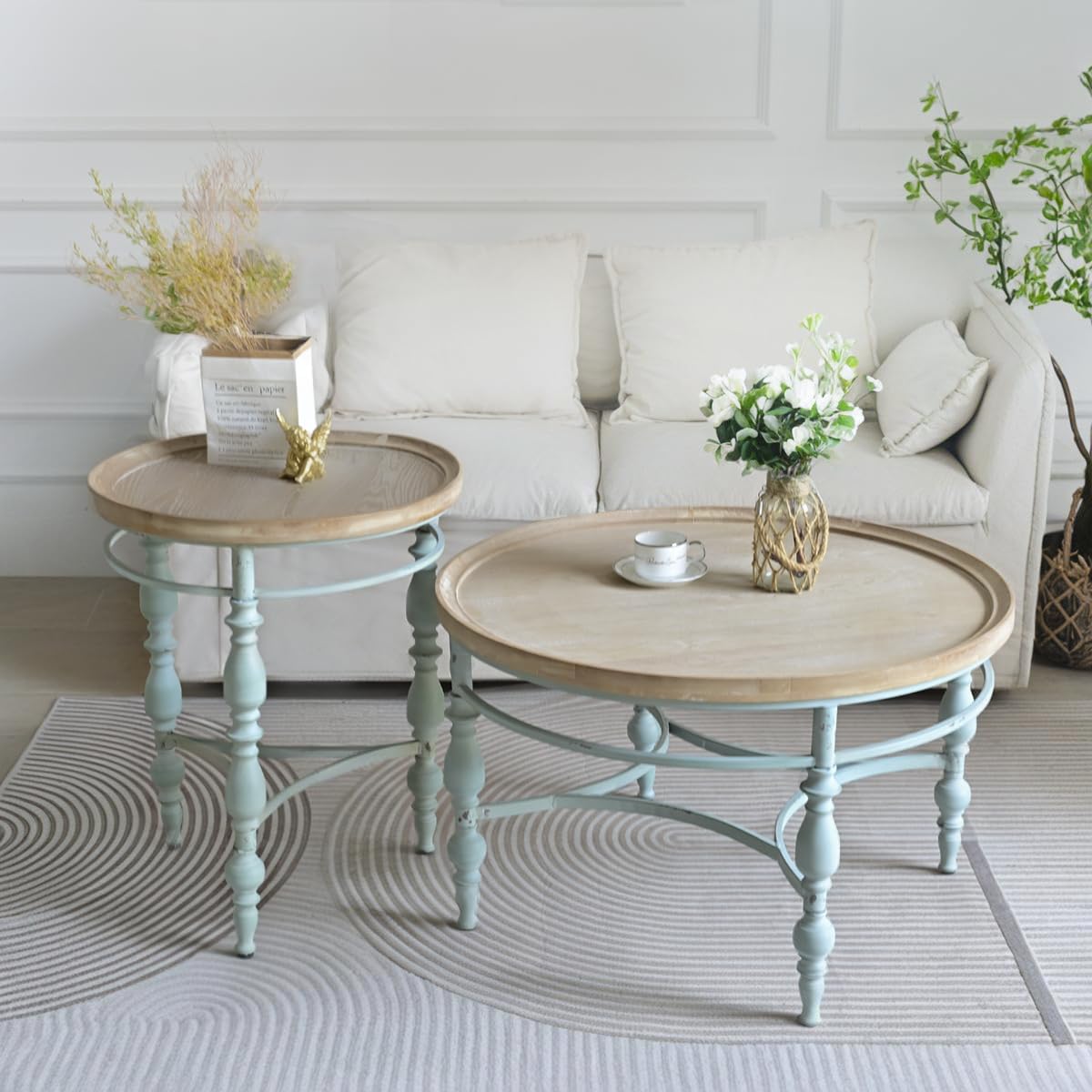 Rustic Farmhouse Round End Table, French Country Vintage Side Table,φ20.1'' x 23.6''H Rustic Solid Wood with Vintage Iron Legs, for Living Room, Bedroom, Small Spaces,Nature White