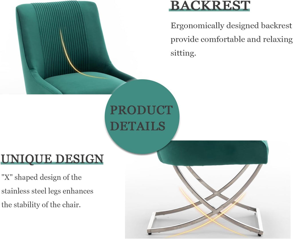 Kitchen Dining Chairs Set of 4,Accent Modern Upholstered Velevt,Contemporary Tufted Metal Chairs with X-Shaped Sliver Legs for Dining Room,Living Room, Reception Room(Dark Green)