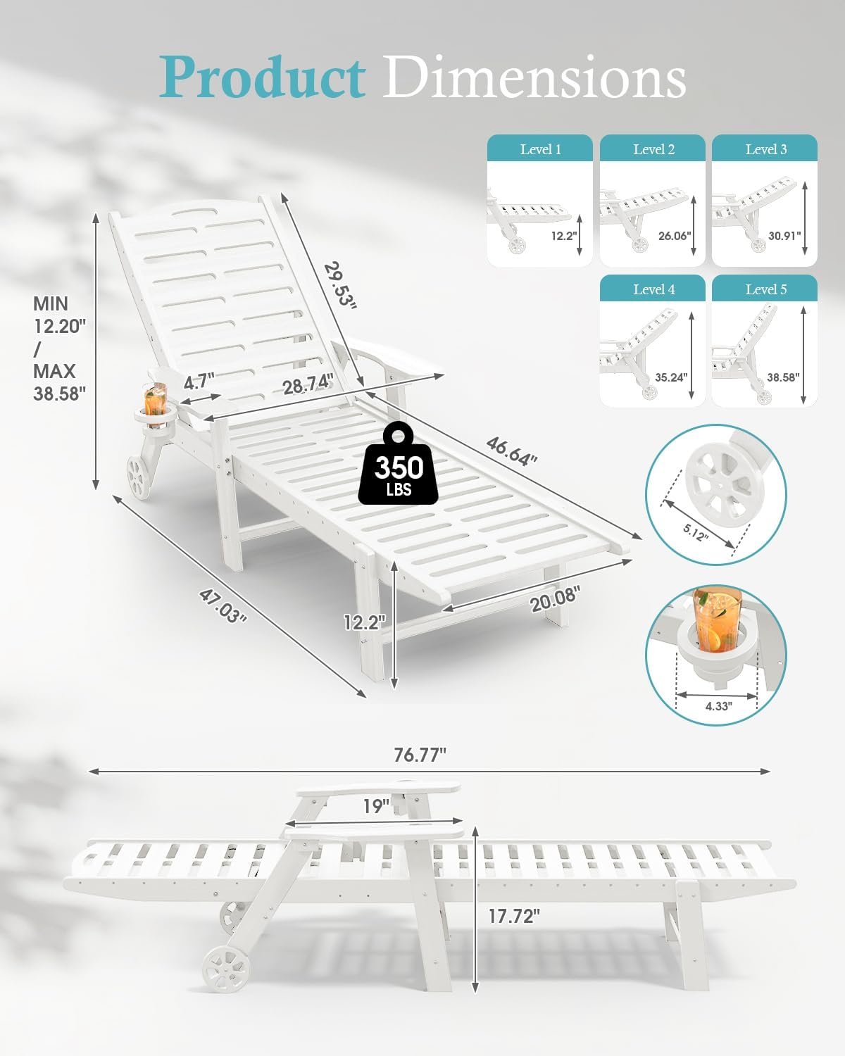 Ciokea Outdoor Chaise Lounge Chair, 5-Position Adjustable, White | HDPE All-Weather Chaise Lounge, UV Resistant, Armrests, Wheels, Cup Holder, 350 lbs Capacity, Outdoor Relaxation