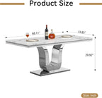 Modern White Dining Table for 6, U-Shape Stainless Steel Base, Marble Dining Room Table for 4-6, 68''L x 34''W Faux Marble Tabletop, Sturdy High Gloss Base, Rectangular Home Kitchen Table