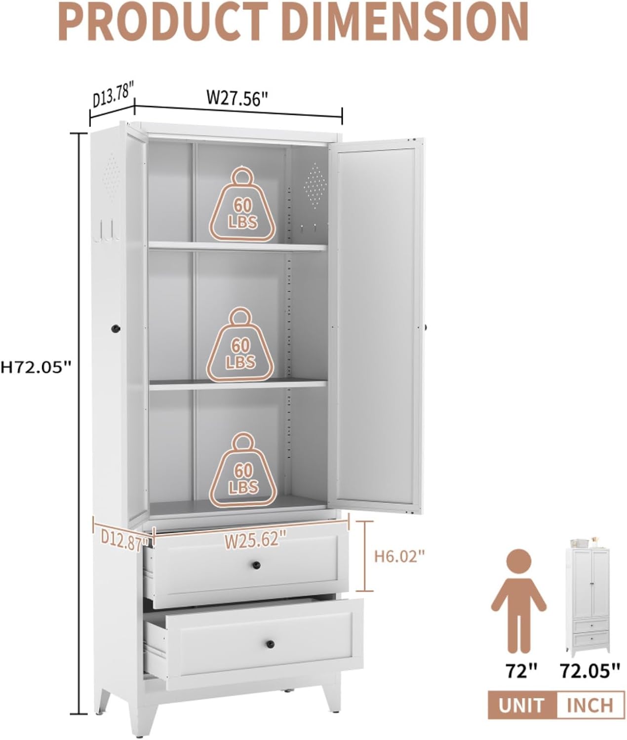 Hassyee White Metal Kitchen Pantry Cabinet Adjustable Storage with 4 Shelves (110lb Capacity), Heavy Duty Freestanding Pantry Organizer for Kitchen,Pantry, Living Room (White)