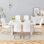 gopop 7 Piece Dining Table Set, Marble Dining Table Set for 6, 63" White Marble Pattern MDF Tabletop and Legs, 6 Leather Kitchen Chairs with Chrome Plated Metal Legs for Kitchen