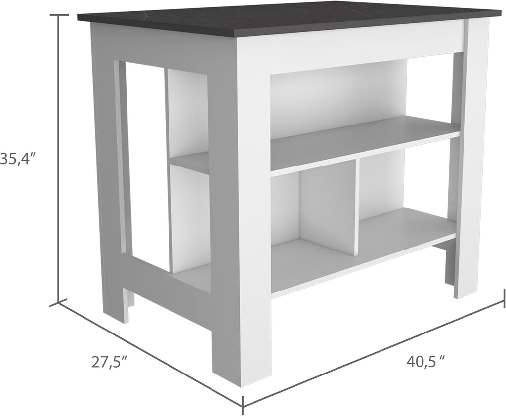 Kitchen Island with Four Legs and Three Shelves - White/Onyx | Three-tiered design with four legs and modern white/onyx finish