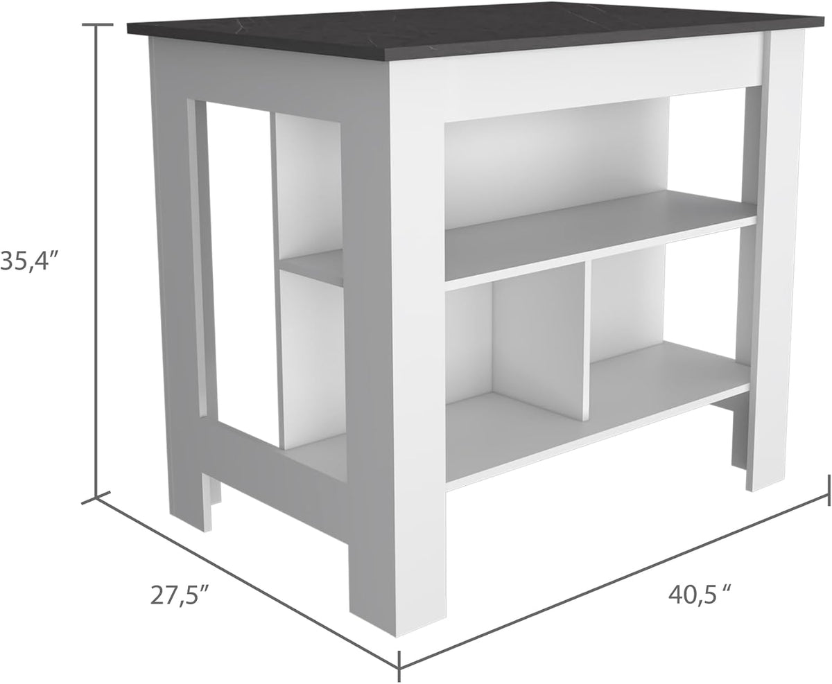 Kitchen Island with Four Legs and Three Shelves - White/Onyx | Three-tiered design with four legs and modern white/onyx finish