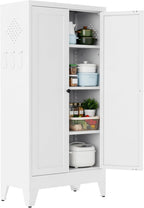 47.3 Inch White Metal Pantry Cabinet Freestanding Storage Organizer with 3 Adjustable Shelves 110lb Per Shelf Heavy Duty Cabinet for Living Room