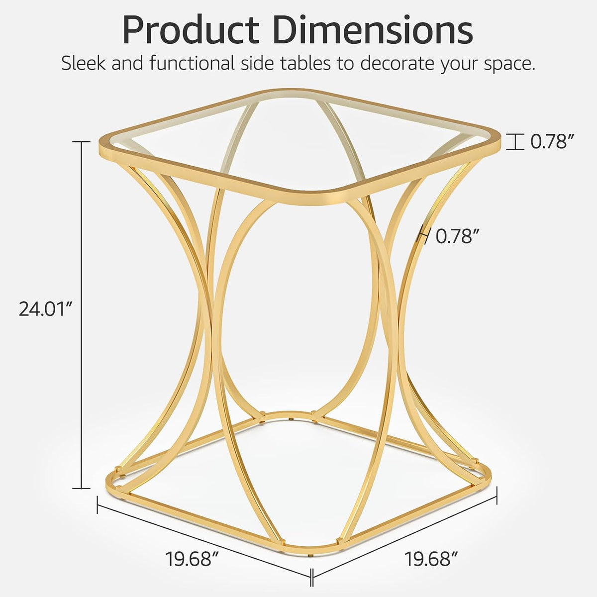 19.68" Square End Table with Tempered Glass Top, Stylish X-Shaped Metal Frame, Living Room Coffee Table, Sofa Side Table, Accent Tables for Small Spaces, Modern Bedside Table (Gold)