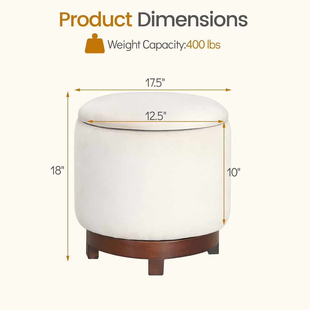 GIANTEX Round Ottoman with Storage, 360° Swivel Velvet Vanity Stool with Removable Lid, Wood Frame & Legs, Ottoman Foot Rest for Living Room, Bedroom, Makeup Room No Assembly (White & Walnut)