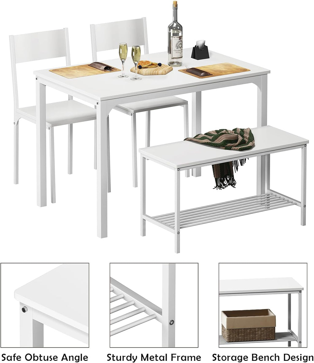 soges 4-Piece Dining Table Set with Bench - 4 Person Kitchen Table and 2 Chairs for Small Spaces, Apartment - Metal Frame & Woodgrain Tabletop, Space-Saving Design, Durable & Easy to Clean, White