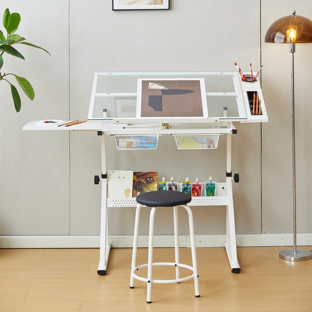 Drafting Table w/Stool, Height Adjustable Drawing Table, Multifunctional Art Craft Paintings Work Station w/2 Storage Drawers Artists Desk Tilting Glass Tabletop for Home Office Black (White)