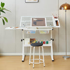Drafting Table w/Stool, Height Adjustable Drawing Table, Multifunctional Art Craft Paintings Work Station w/2 Storage Drawers Artists Desk Tilting Glass Tabletop for Home Office Black (White)