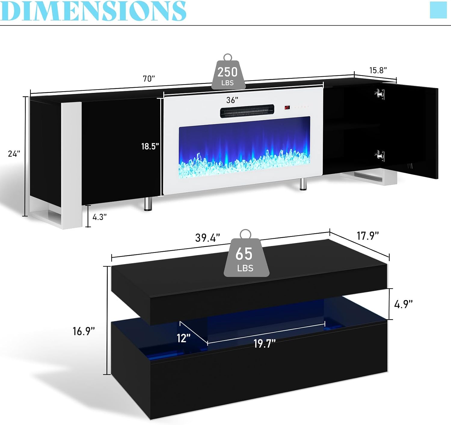VanAcc 3-Piece Modern Living Room Table Sets, 70" Modern LED TV Stand with 36" Electric Fireplace, High Gloss Coffee Tables for Living Room, Black & White