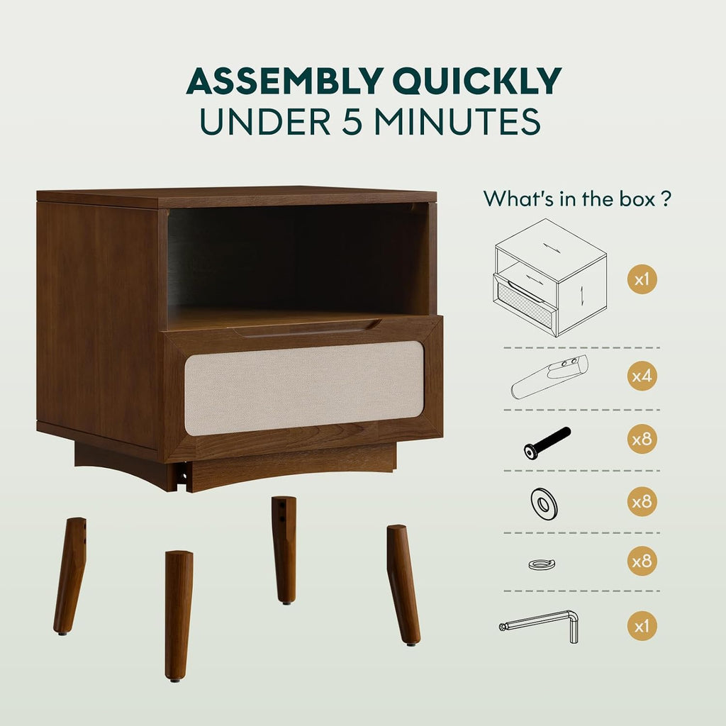 Bme Calista Nightstand 1 Drawer – Solid Wood Chestnut Finish Bedside Table with Open Shelf & Fabric Panel Drawer, Mid-Century Modern Style with Tapered Legs, Easy Assembly