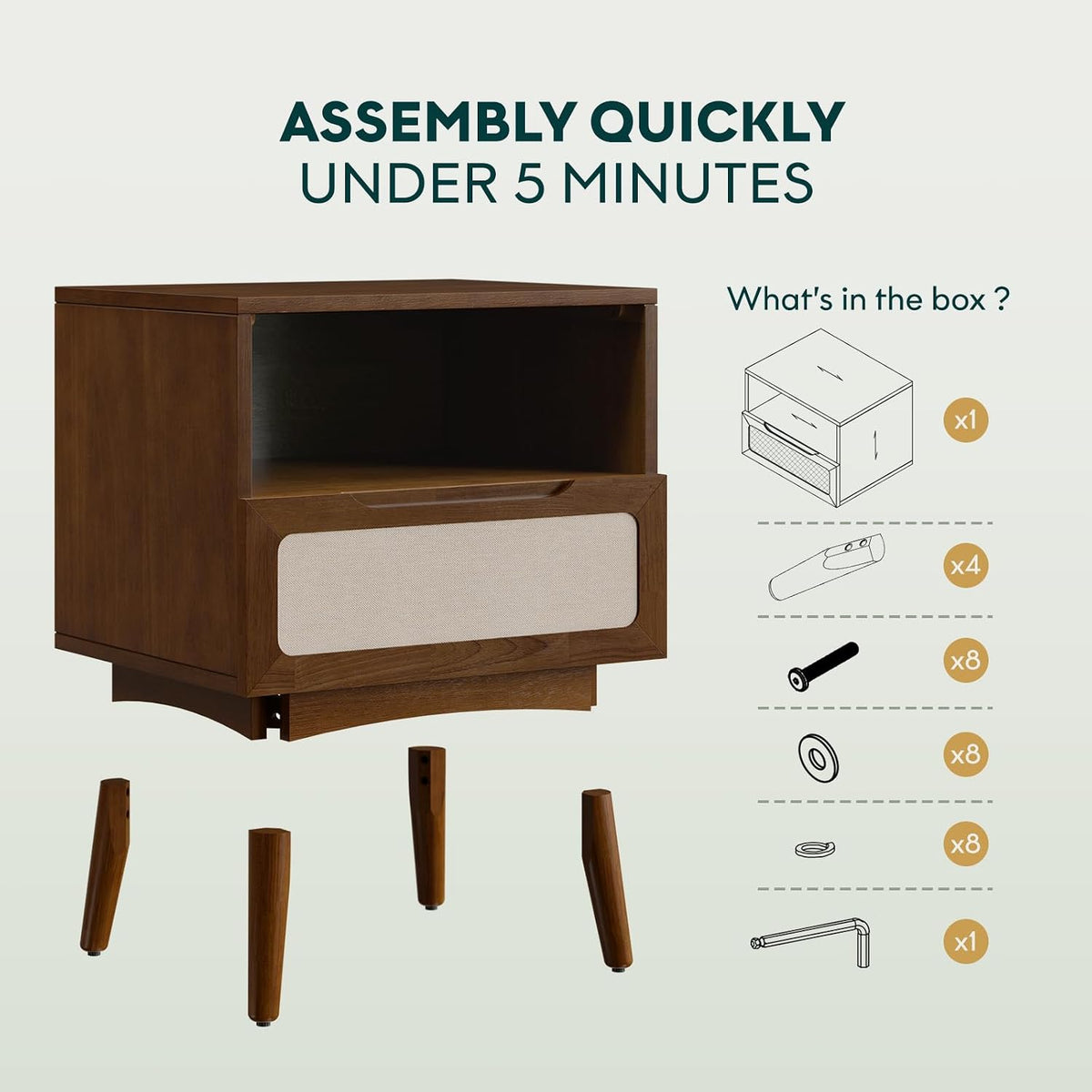 Bme Calista Nightstand 1 Drawer – Solid Wood Chestnut Finish Bedside Table with Open Shelf & Fabric Panel Drawer, Mid-Century Modern Style with Tapered Legs, Easy Assembly