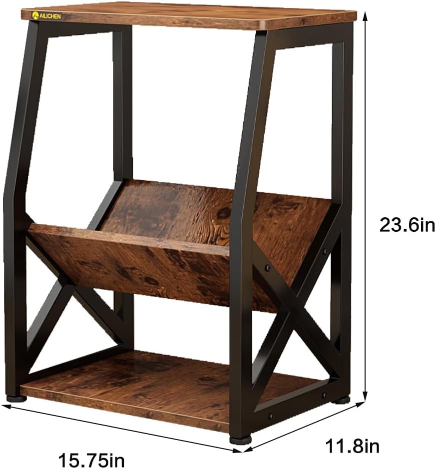 MULKHOME 3-Tier Accent End Table with Magazine Holder Shelf, Metal Frame, Scratch-Resistant Top, Small Bookcase, Sofa Side Table for Living Room, Bedroom,Side Table with Book Storage